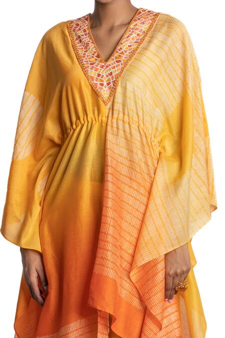 Buy Krishna Mehta Yellow Kaftan Chanderi And Pant Viscose Cotton Print & & Set Online at Aza Fashions Buy_Krishna Mehta_Yellow Kaftan Chanderi And Pant Viscose Cotton Print & & Set _Online_at_Aza_Fashions