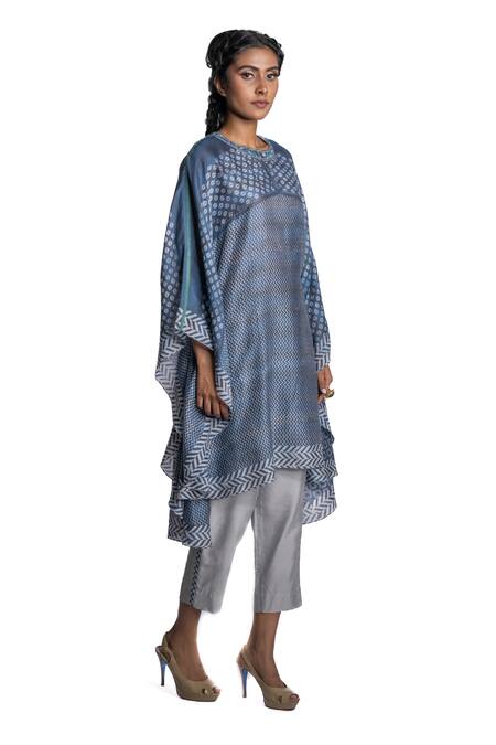 Krishna Mehta_Blue Kaftan Chanderi And Pant Viscose Cotton Print & Embroidery & Set _Online_at_Aza_Fashions