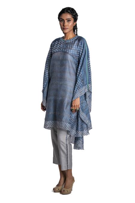 Buy_Krishna Mehta_Blue Kaftan Chanderi And Pant Viscose Cotton Print & Embroidery & Set _Online_at_Aza_Fashions