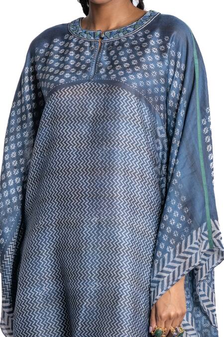 Shop_Krishna Mehta_Blue Kaftan Chanderi And Pant Viscose Cotton Print & Embroidery & Set _Online_at_Aza_Fashions