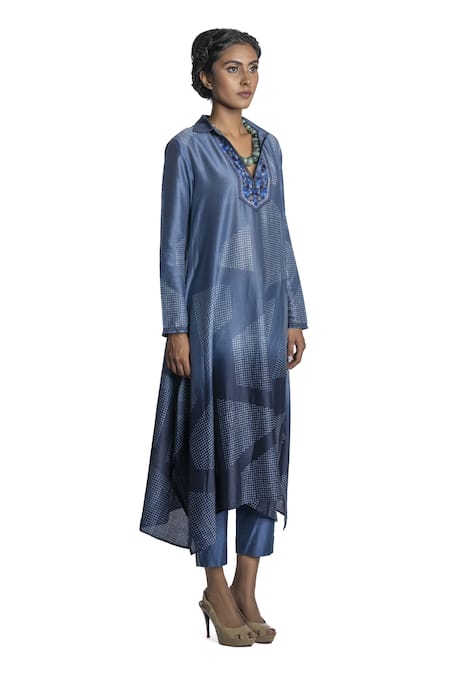 Krishna Mehta_Blue Tunic Chanderi And Pant Viscose Cotton Block Print & Thread Spread & Set_Online_at_Aza_Fashions
