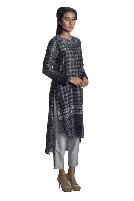 Krishna Mehta_Black Tunic Chanderi And Pant Viscose Cotton Block Print & Thread Band & Set_Online_at_Aza_Fashions