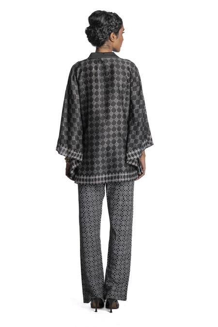 Shop Krishna Mehta Black Tunic Chanderi And Pant Viscose Cotton Print & Embroidery Short & Set at Aza Fashions Shop_Krishna Mehta_Black Tunic Chanderi And Pant Viscose Cotton Print & Embroidery Short & Set_at_Aza_Fashions