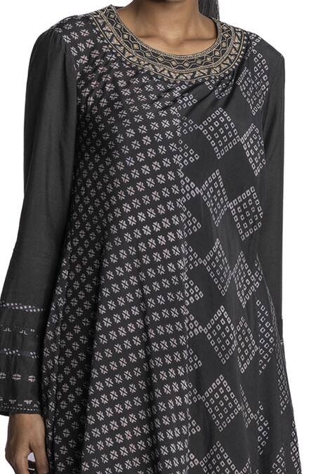 Buy_Krishna Mehta_Black Kurta Chanderi And Palazzo Viscose Cotton Block Print & Flared & Pant Set_Online_at_Aza_Fashions