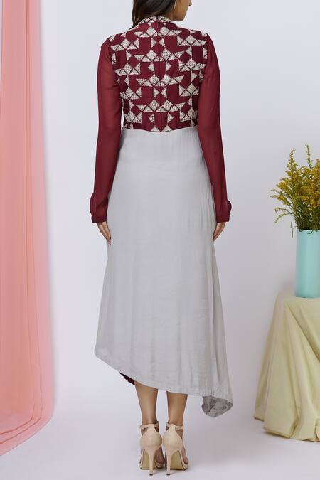 Shop Aariyana Couture Grey Georgette, Bamboo Embroidery Bandeau Neck Draped Tunic at Aza Fashions Shop_Aariyana Couture_Grey Georgette, Bamboo Embroidery Bandeau Neck Draped Tunic_at_Aza_Fashions