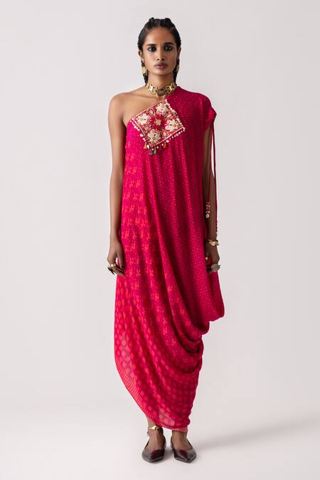 Aseem Kapoor Red Rasa One Shoulder Draped Dress