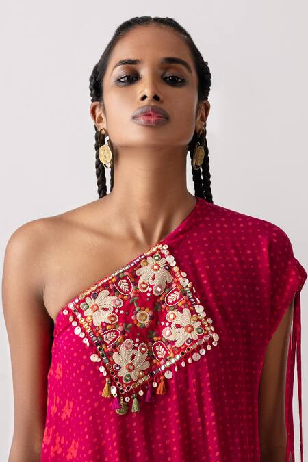 Shop_Aseem Kapoor_Red Rasa One Shoulder Draped Dress_Online_at_Aza_Fashions