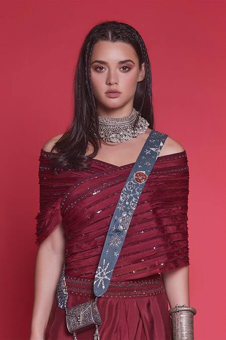 Jade By Monica & Karishma_Red Crepe Silk Embellished Top And Dhoti Pant Set  _Online_at_Aza_Fashions