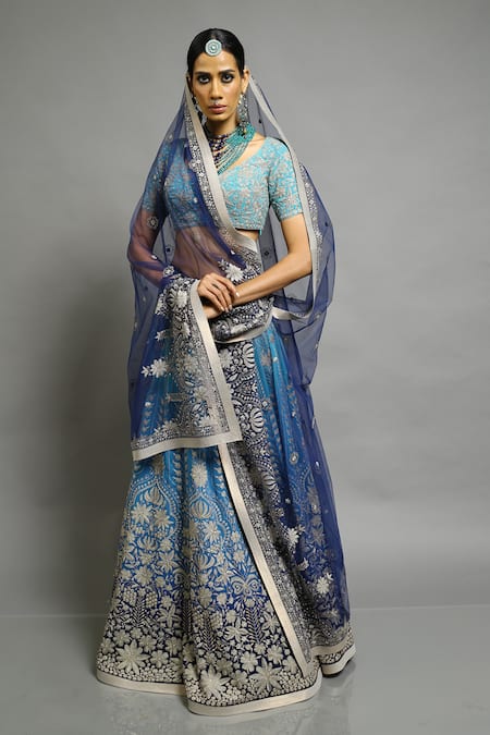 Abhishek Gupta Blue Georgette Embroidered Bridal Lehenga Set 