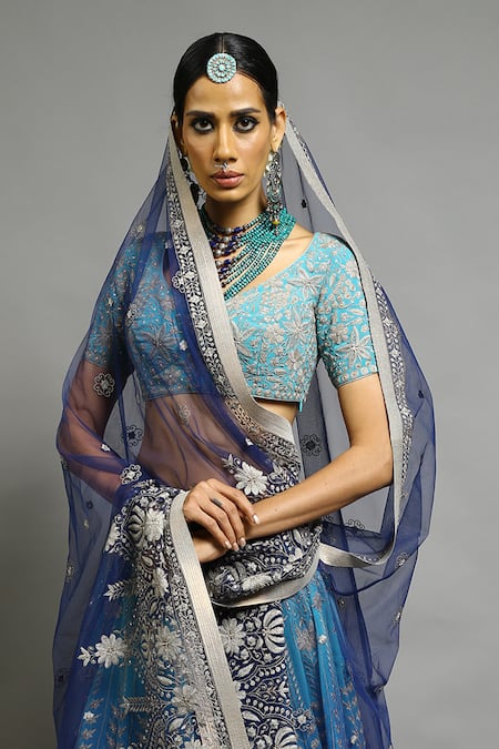 Buy_Abhishek Gupta_Blue Georgette Embroidered Bridal Lehenga Set _Online_at_Aza_Fashions