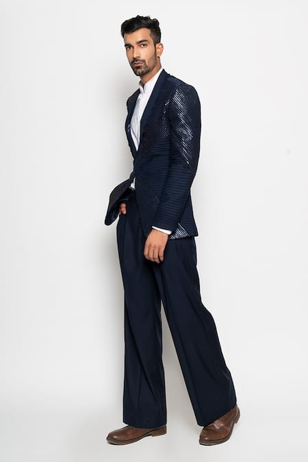 Buy_Amaare_Blue Wool Bend Embroidered Tuxedo And Pant Set  _Online_at_Aza_Fashions