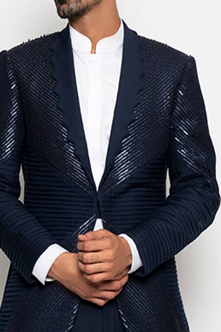 Shop_Amaare_Blue Wool Bend Embroidered Tuxedo And Pant Set  _Online_at_Aza_Fashions