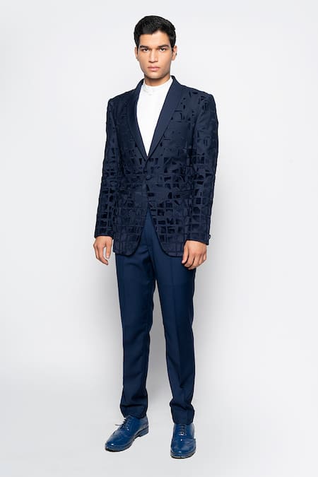 Amaare_Blue Wool Bend Textured Tuxedo And Pant Set  _Online_at_Aza_Fashions