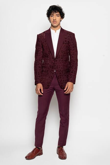 Amaare_Purple Wool Bend Textured Tuxedo And Pant Set  _Online_at_Aza_Fashions