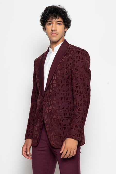 Shop_Amaare_Purple Wool Bend Textured Tuxedo And Pant Set  _Online_at_Aza_Fashions