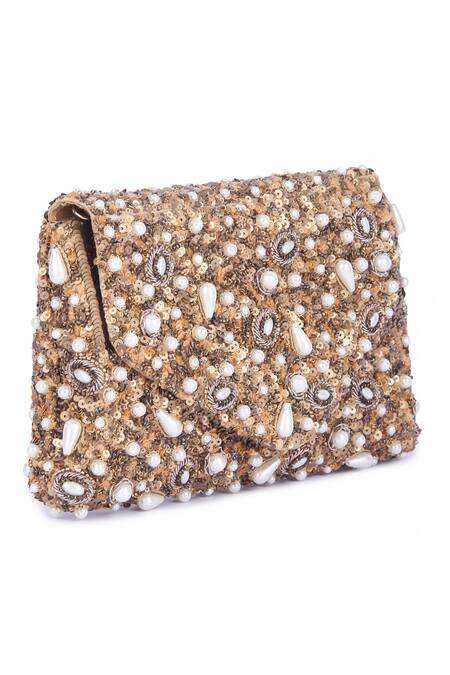 The Purple Sack_Beige Sequins, Beads, Pearls Embroidered Flap Clutch _Online_at_Aza_Fashions