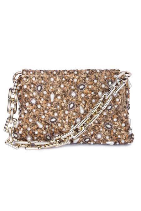 Buy_The Purple Sack_Beige Sequins, Beads, Pearls Embroidered Flap Clutch _Online_at_Aza_Fashions
