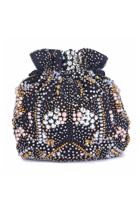 Shop The Purple Sack Black Embroidery, Beads, Sequins Potli Bag With Sling at Aza Fashions Shop_The Purple Sack_Black Embroidery, Beads, Sequins Potli Bag With Sling _at_Aza_Fashions