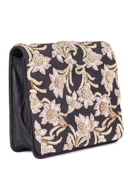 The Purple Sack Black Embroidery Flap Clutch Online at Aza Fashions The Purple Sack_Black Embroidery Flap Clutch _Online_at_Aza_Fashions