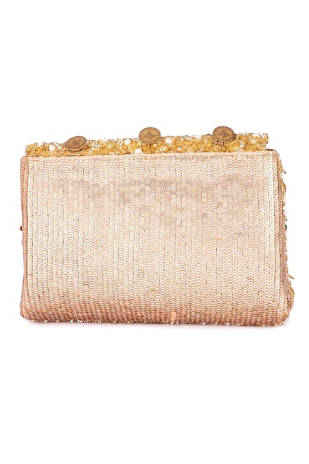 Shop The Purple Sack Gold Sequins, Beads, Embroidery Flap Clutch With Sling at Aza Fashions Shop_The Purple Sack_Gold Sequins, Beads, Embroidery Flap Clutch With Sling _at_Aza_Fashions