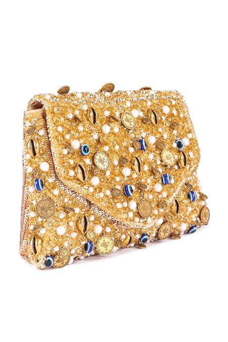 The Purple Sack Gold Sequins, Beads, Embroidery Flap Clutch With Sling Online at Aza Fashions The Purple Sack_Gold Sequins, Beads, Embroidery Flap Clutch With Sling _Online_at_Aza_Fashions