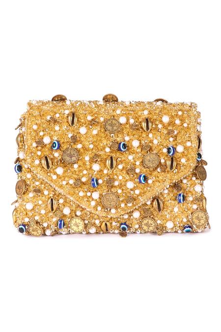 Buy The Purple Sack Gold Sequins, Beads, Embroidery Flap Clutch With Sling Online at Aza Fashions Buy_The Purple Sack_Gold Sequins, Beads, Embroidery Flap Clutch With Sling _Online_at_Aza_Fashions
