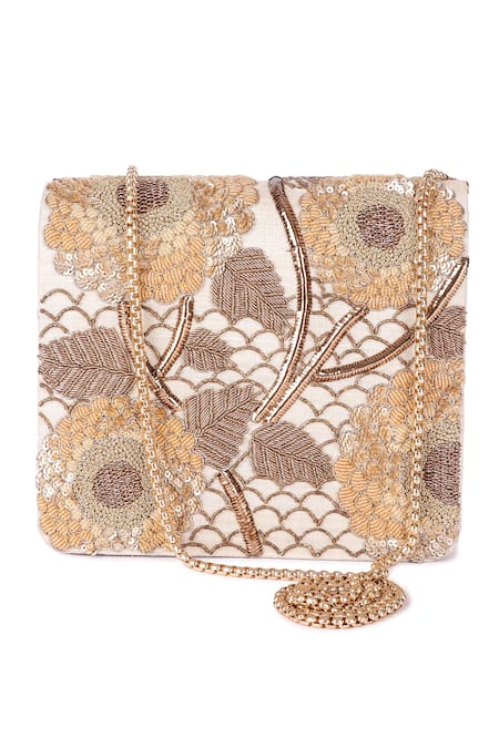 The Purple Sack Beige Embroidery Floral Flap Clutch With Sling 