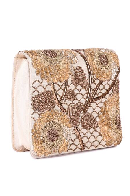 The Purple Sack Beige Embroidery Floral Flap Clutch With Sling Online at Aza Fashions The Purple Sack_Beige Embroidery Floral Flap Clutch With Sling _Online_at_Aza_Fashions