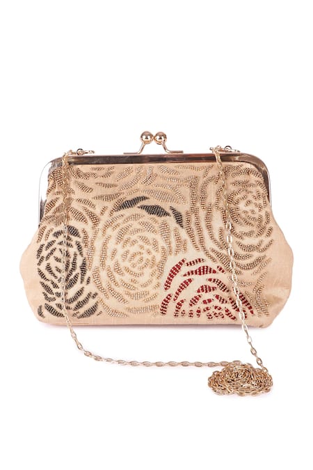 The Purple Sack Beige Embroidery Beaded Clutch With Sling 