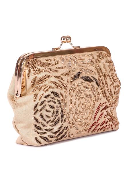 The Purple Sack Beige Embroidery Beaded Clutch With Sling Online at Aza Fashions The Purple Sack_Beige Embroidery Beaded Clutch With Sling _Online_at_Aza_Fashions