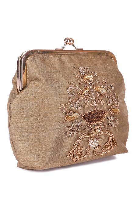 The Purple Sack_Beige Embroidery, Sequins, Beads Clutch With Sling _Online_at_Aza_Fashions