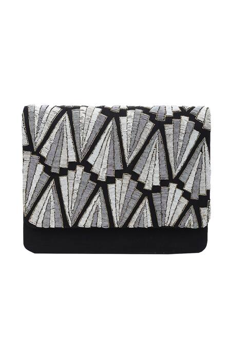 The Purple Sack_Black Embroidery Flap Clutch With Sling _Online_at_Aza_Fashions