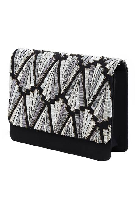 Buy_The Purple Sack_Black Embroidery Flap Clutch With Sling _Online_at_Aza_Fashions