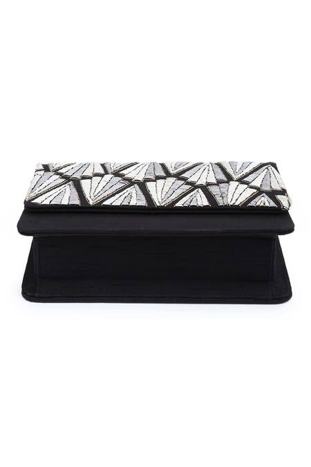 Shop_The Purple Sack_Black Embroidery Flap Clutch With Sling _Online_at_Aza_Fashions
