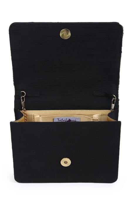 The Purple Sack_Black Embroidery Flap Clutch With Sling _at_Aza_Fashions
