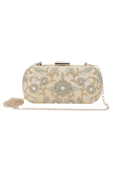 The Purple Sack Beige Embroidery Symmetric Clutch With Sling 