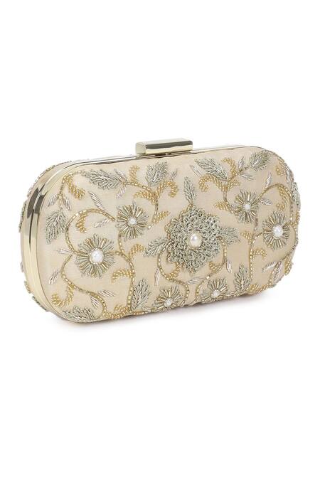 The Purple Sack_Beige Embroidery Symmetric Clutch With Sling _Online_at_Aza_Fashions