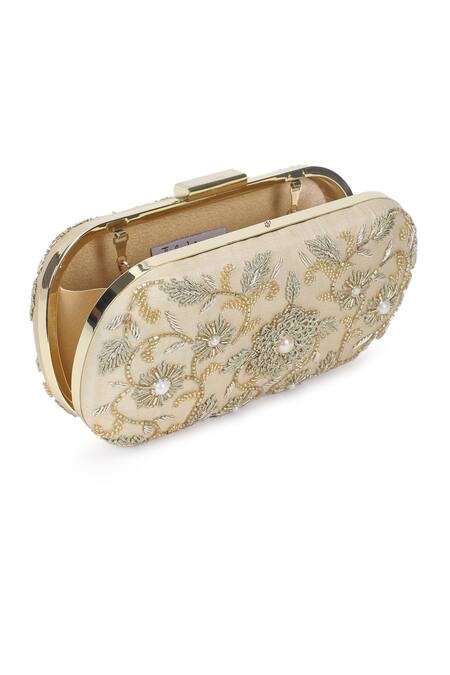 The Purple Sack_Beige Embroidery Symmetric Clutch With Sling _at_Aza_Fashions