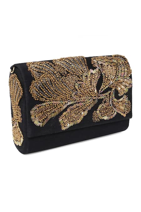 The Purple Sack_Black Embroidery Flap Clutch With Sling _Online_at_Aza_Fashions