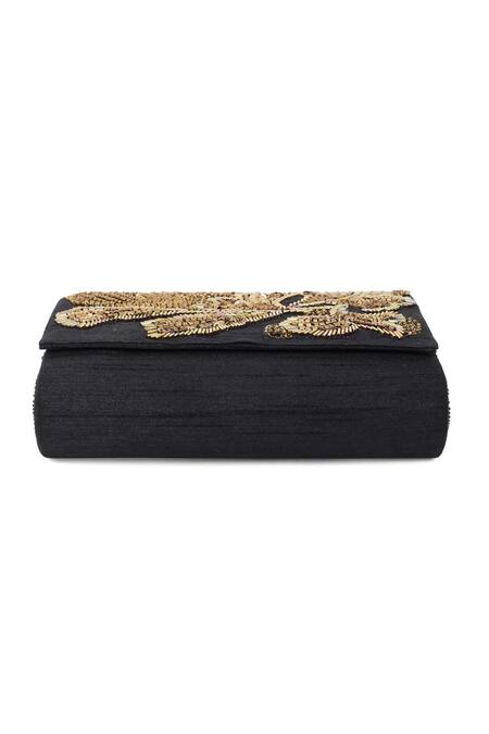 Buy_The Purple Sack_Black Embroidery Flap Clutch With Sling _Online_at_Aza_Fashions