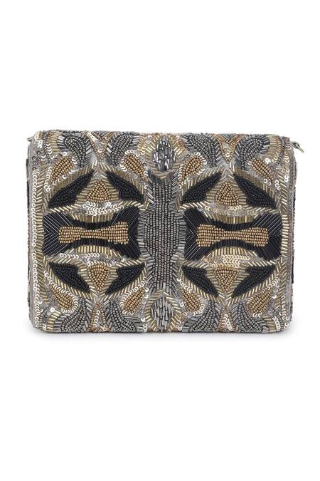 The Purple Sack_Silver Embroidery, Beads, Sequins Flap Clutch With Sling _Online_at_Aza_Fashions