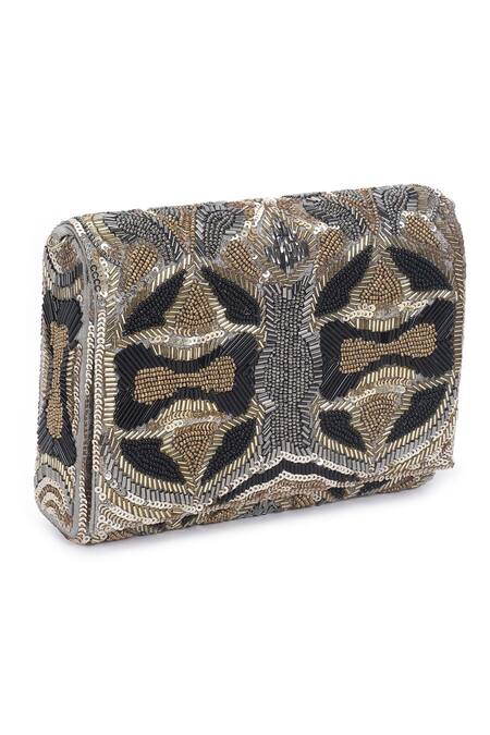 Buy_The Purple Sack_Silver Embroidery, Beads, Sequins Flap Clutch With Sling _Online_at_Aza_Fashions