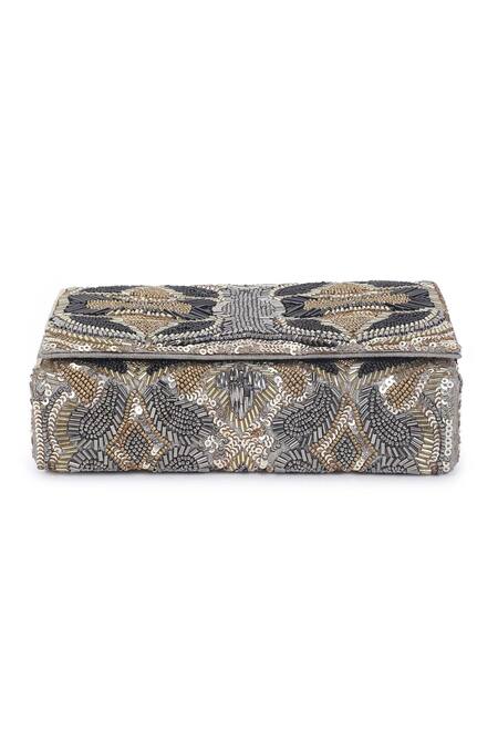 Shop_The Purple Sack_Silver Embroidery, Beads, Sequins Flap Clutch With Sling _Online_at_Aza_Fashions