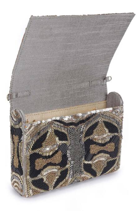 The Purple Sack_Silver Embroidery, Beads, Sequins Flap Clutch With Sling _at_Aza_Fashions