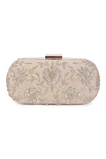 The Purple Sack_Beige Embroidery Floral Clutch _Online_at_Aza_Fashions