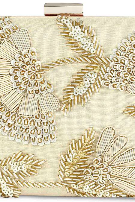 The Purple Sack_Beige Embroidery, Sequins Clutch With Sling _at_Aza_Fashions