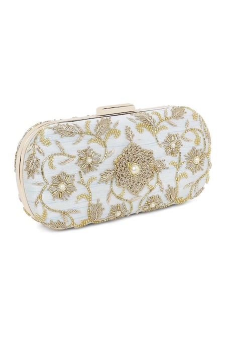 The Purple Sack_Blue Embroidery Symmetric Clutch With Sling _Online_at_Aza_Fashions