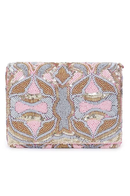 Buy_The Purple Sack_Pink Embroidery, Sequins Flap Clutch _Online_at_Aza_Fashions
