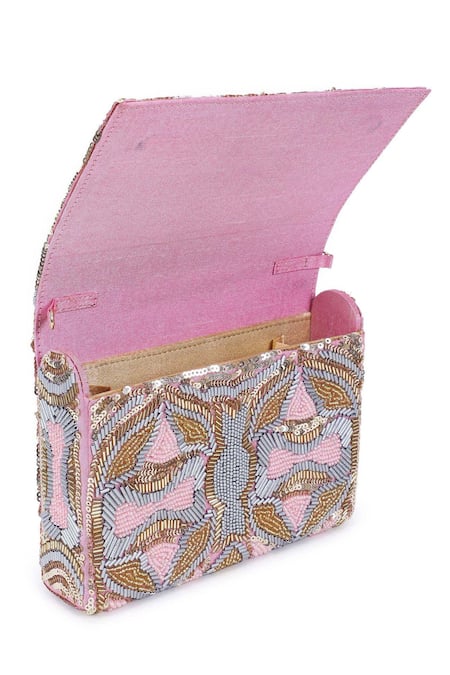 The Purple Sack_Pink Embroidery, Sequins Flap Clutch _at_Aza_Fashions