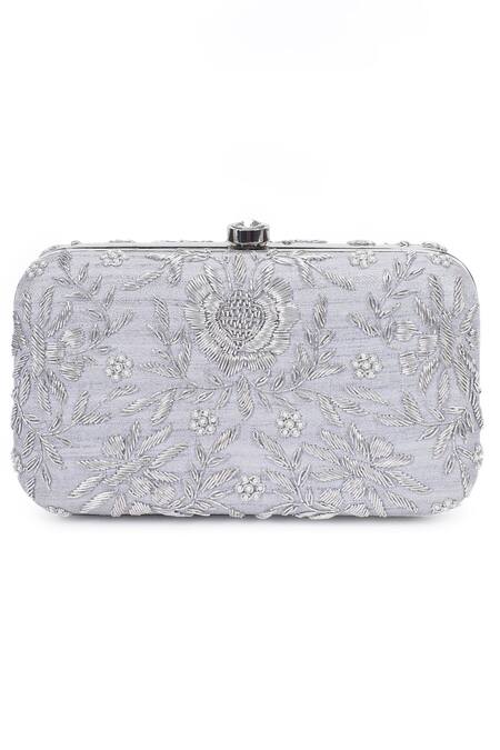 The Purple Sack_Silver Embroidery Symmetric Clutch With Sling _Online_at_Aza_Fashions